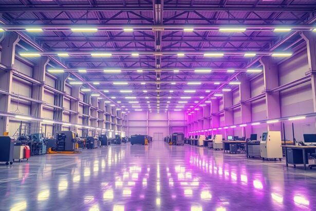 LED-Industriebeleuchtung in einer Produktionshalle