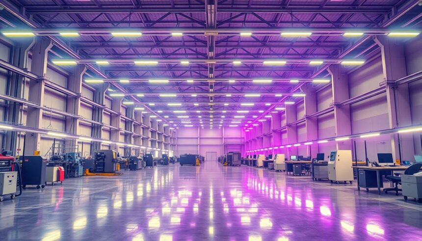 LED-Industriebeleuchtung in einer Produktionshalle