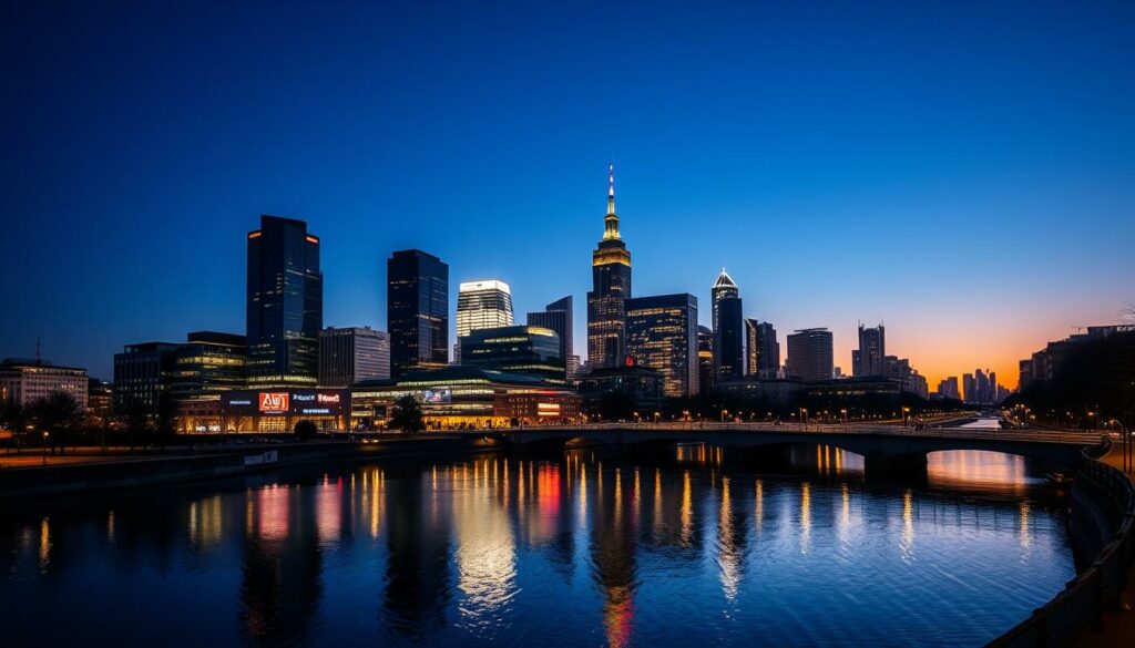 Frankfurt Sonnenuntergang Skyline bei Nacht