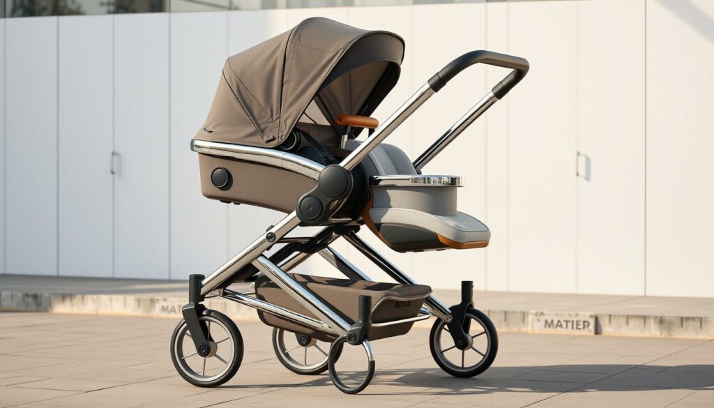 Moderner Kombi-Kinderwagen 2025, gleaming chrome and sleek, designed with the modern parent in mind. Spacious and versatile, it effortlessly navigates the urban landscape, its smooth ride cushioning the journey. Plush fabrics in soothing tones, adjustable seating, and a host of practical features elevate the experience. Bathed in natural light, captured with an 85mm DSLR lens, the details shine - durable wheels, ergonomic handles, and intuitive controls. This state-of-the-art stroller seamlessly blends form and function, a testament to the evolution of childcare solutions. Realistic imperfections lend an air of authenticity, inviting the viewer to envision the comfort and convenience of this innovative Kombi-Kinderwagen.