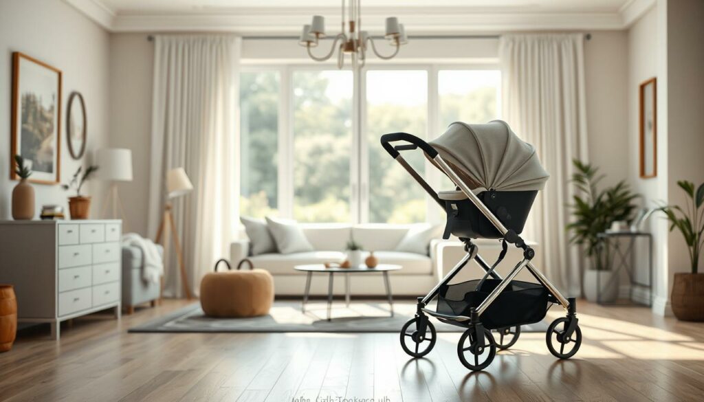 Photorealistic image of a modern baby stroller with sleek, stylish design in a bright, airy setting. The stroller stands in the foreground, its polished metal frame and plush fabrics capturing the attention. The middle ground features a well-appointed nursery or living room, with tasteful decor and natural light filtering in. The background showcases a serene outdoor scene, perhaps a lush garden or park, hinting at the versatility and adaptability of the stroller. The overall mood is one of sophistication, comfort, and practicality, reflecting the priorities of 2025 parents when selecting the perfect Kinderwagen.