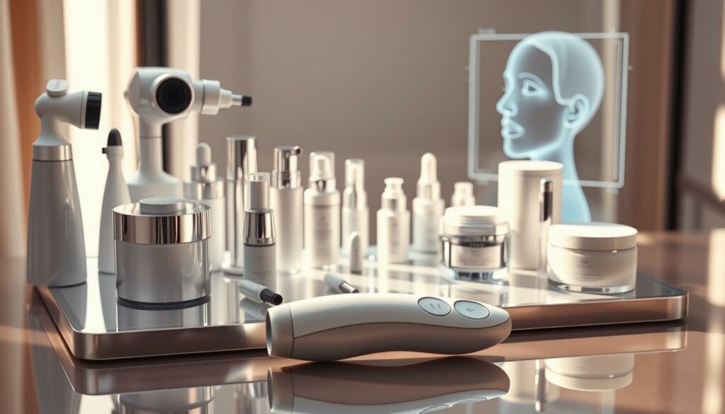Hightech-Hautanalyse und personalisierte Kosmetik Tools: A gleaming array of futuristic beauty instruments on a sleek mirrored surface, bathed in soft natural light. Precision cameras, sensors, and diagnostic tools meticulously analyze skin tone, texture, and concerns. Elegant, minimalist design in muted tones evokes a sense of advanced, personalized skincare. In the foreground, a high-tech handheld device with intuitive controls stands ready to dispense customized serums and creams. The background features a stylized, holographic skin visualization, lending an air of cutting-edge science to this intimate, at-home beauty ritual.