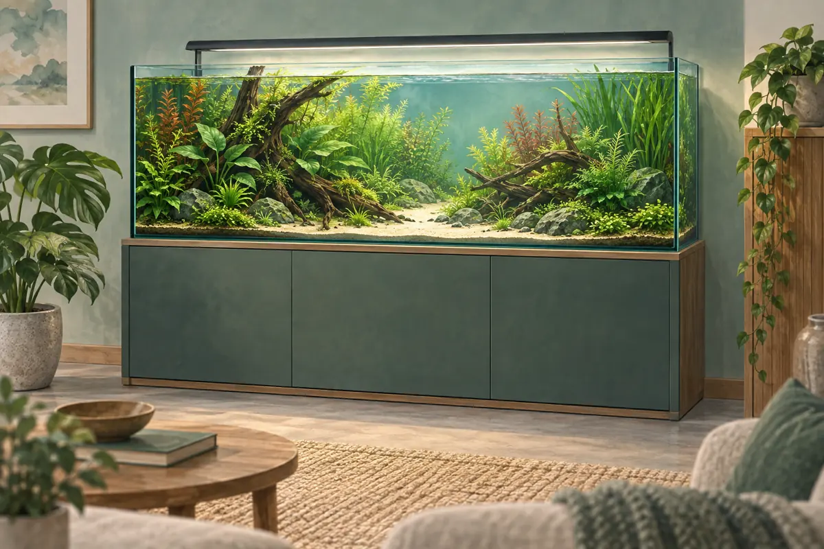 Illustration: Bepflanztes rechteckiges Aquarium mit Wurzeln und freier Vorderfläche auf einem Unterschrank