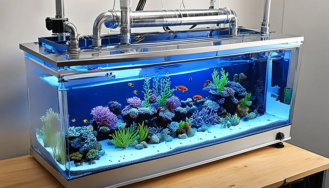 Symbolische Darstellung eines Aquariums mit einer Kühlkonstruktion aus Rohren oberhalb des Beckens