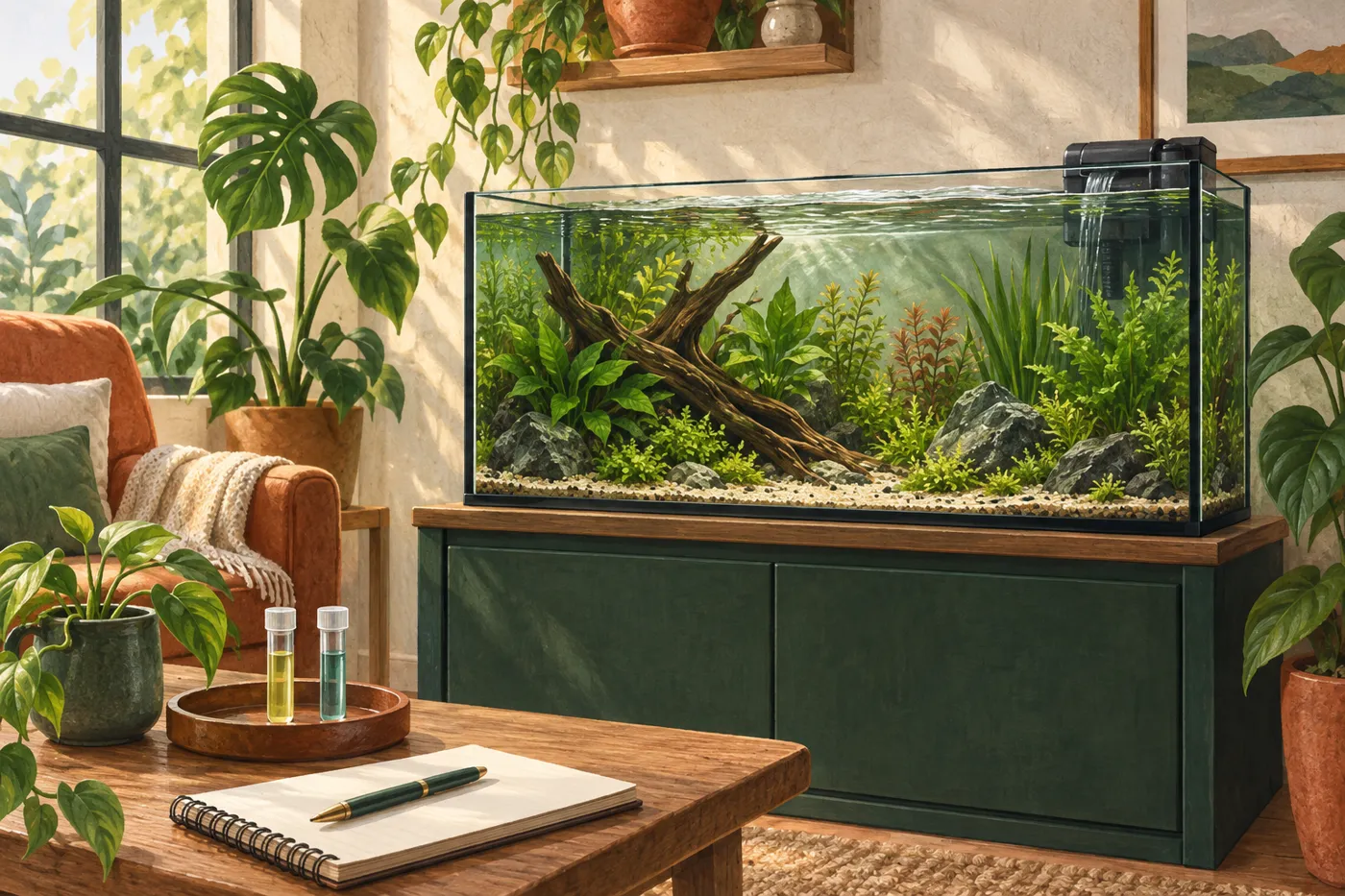 Illustration eines bepflanzten Aquariums ohne Tiere neben einem Notizbuch und Wassertests.