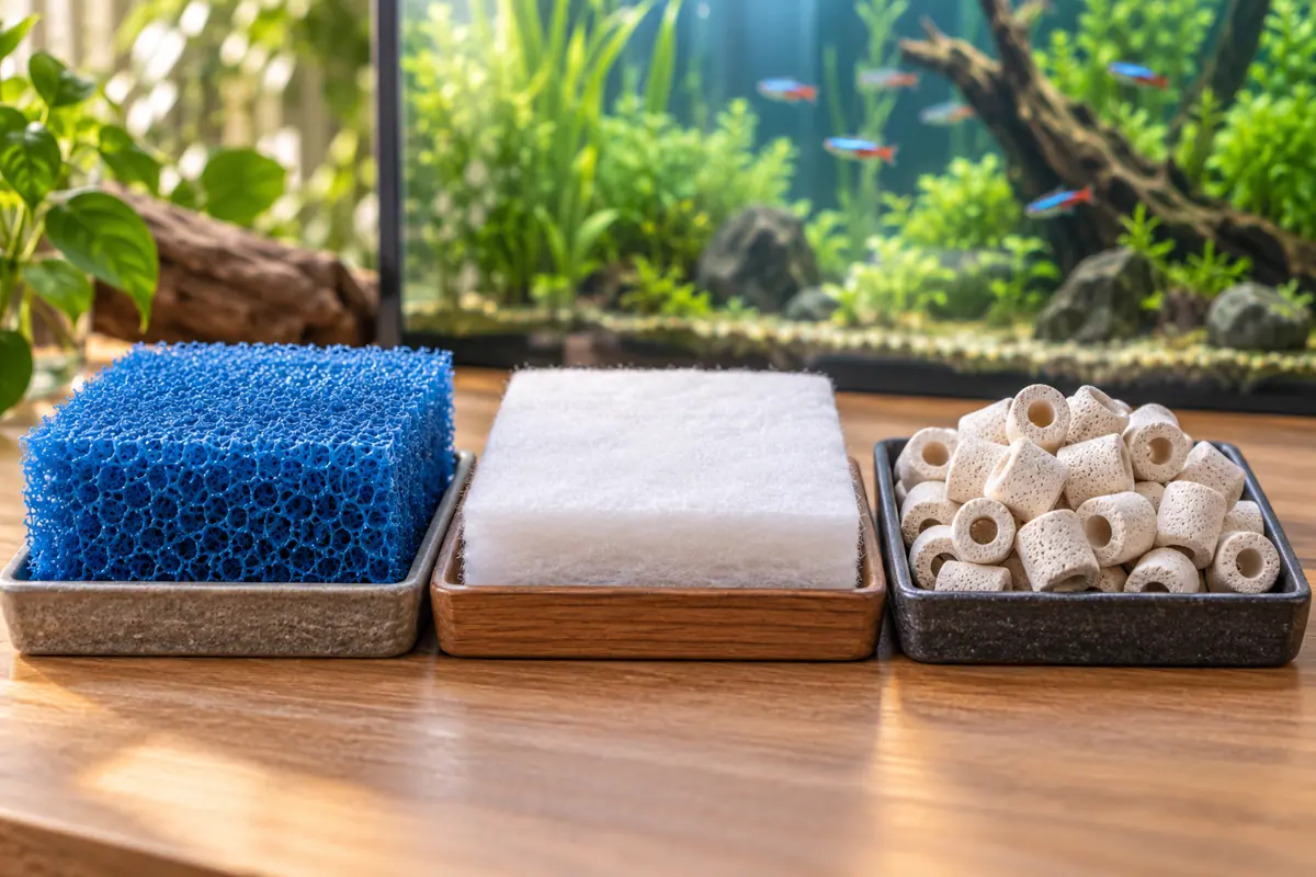 Blauer Filterschwamm, weißes Filtervlies und Keramikringe nebeneinander vor einem Aquarium