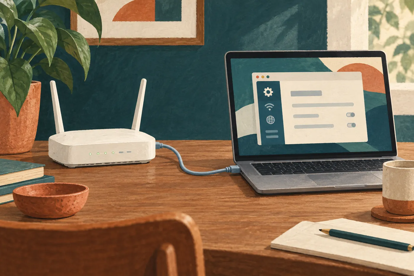 Illustration eines WLAN-Routers und eines über Netzwerkkabel verbundenen Laptops.