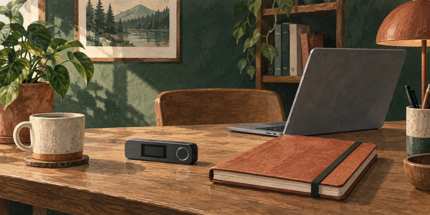 Symbolische Illustration einer Hardware-Wallet, eines geschlossenen Notizbuchs und eines Laptops.