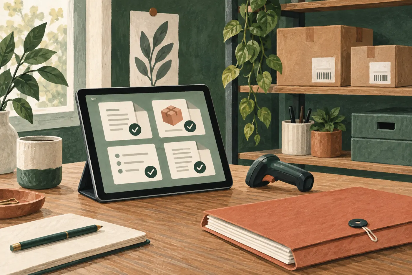 Illustration eines Tablets mit Dokumentkarten neben Scanner, Aktenmappe und Versandkartons.