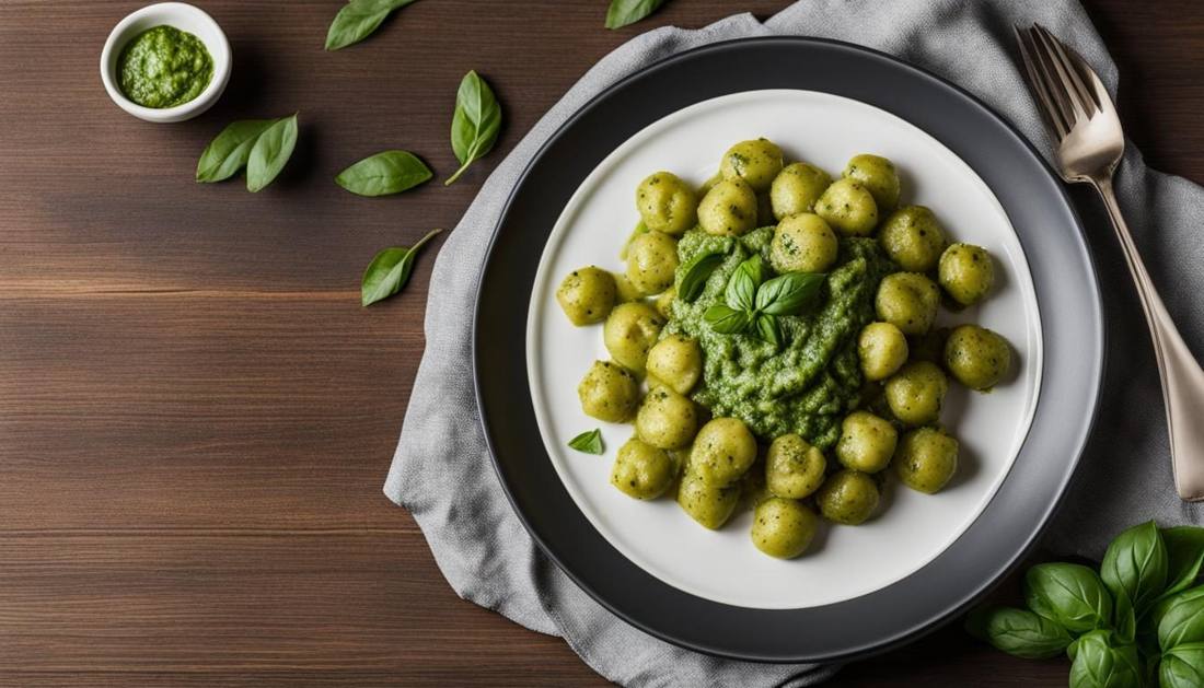 Illustration von Gnocchi mit grünem Pesto und Basilikum auf einem Teller