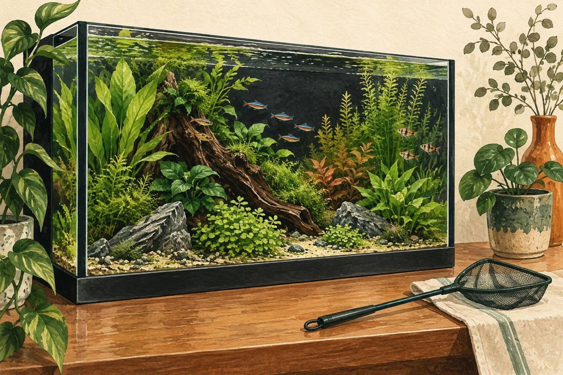 Illustration eines bepflanzten Aquariums mit dunkler Rückwand und Kescher
