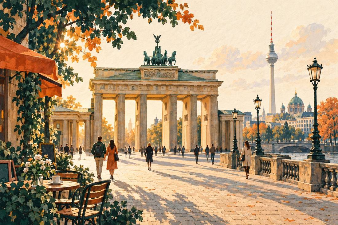 Künstlerische Berlin-Illustration mit Brandenburger Tor und Fernsehturm
