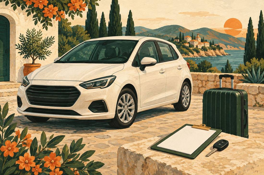 Illustration eines Autos mit Koffer, Schlüssel und Übergabeunterlagen