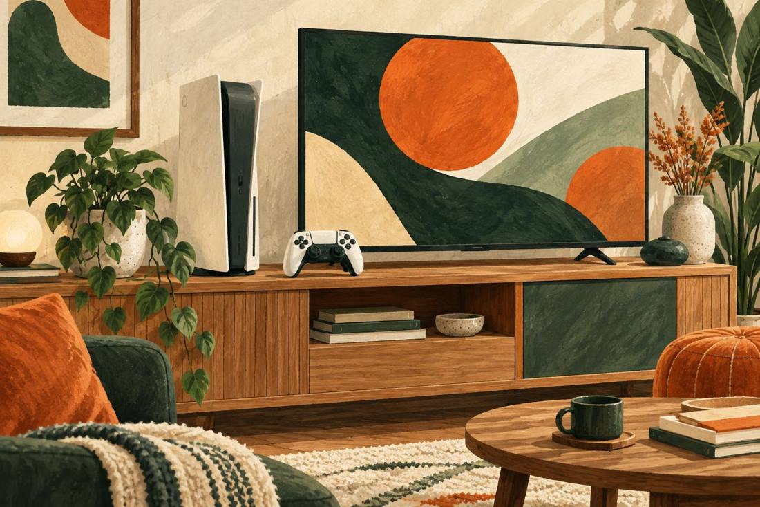 Illustration einer Spielkonsole mit Controller und Fernseher