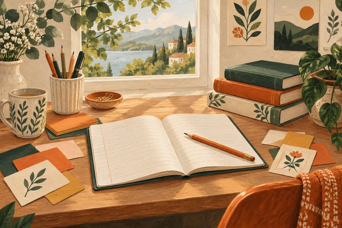 Illustration eines Schreibtischs mit Schulbüchern, Heft und Lernkarten