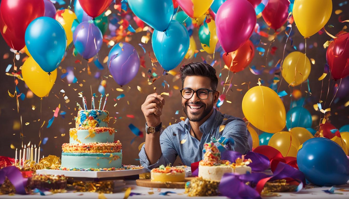 Illustration eines Mannes mit Geburtstagstorte und bunten Luftballons