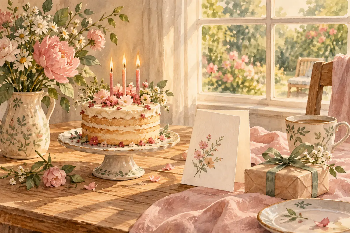 Illustration: Geburtstagskuchen mit Kerzen, Blumen, einer Grußkarte und einem Geschenk am sonnigen Fenster
