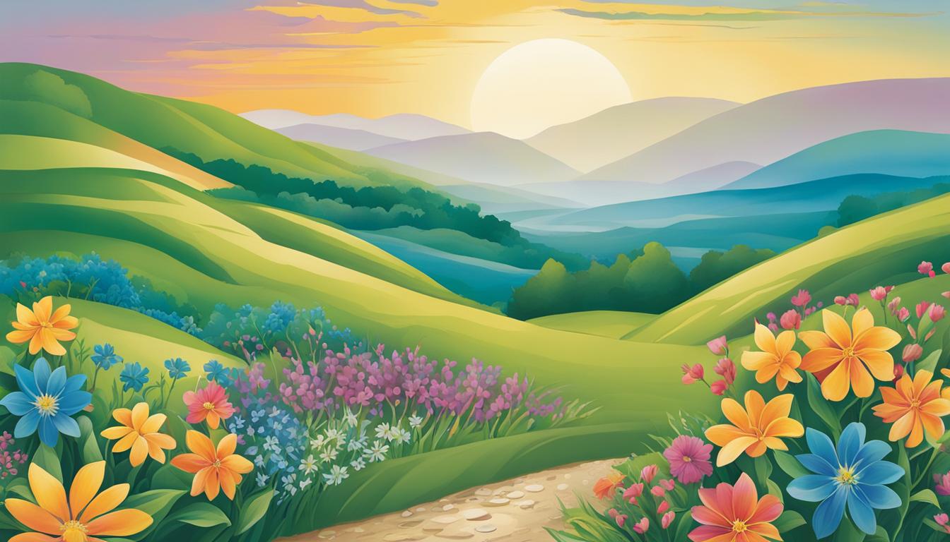 Illustration einer sonnigen Hügellandschaft mit bunten Blumen