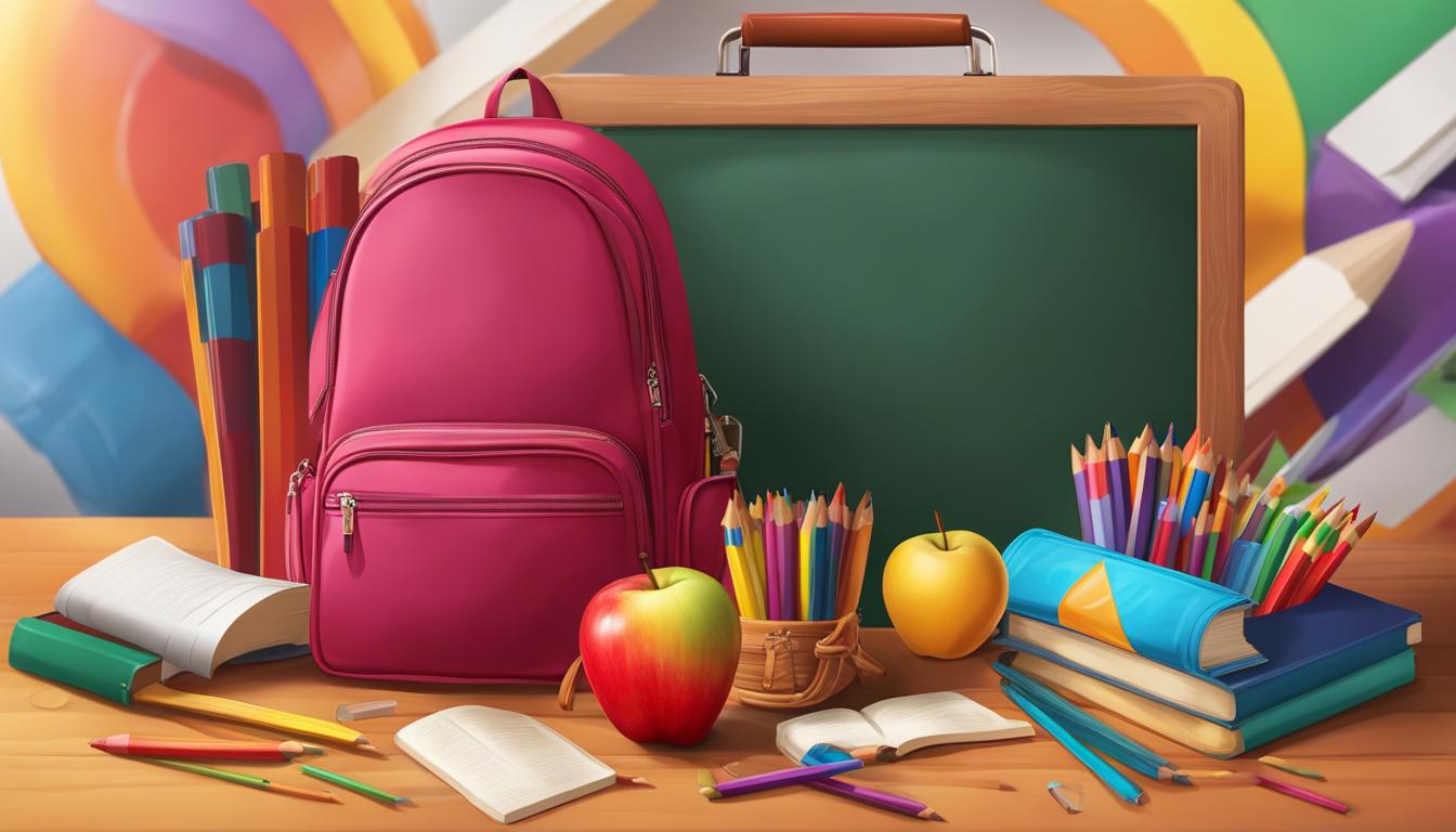 Illustration mit Schulranzen, Tafel, Büchern und Buntstiften