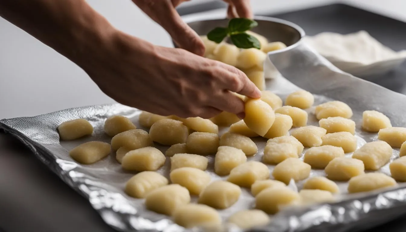 Gnocchi werden einzeln auf einem Blech ausgelegt.
