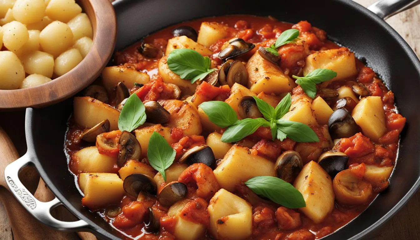 Gnocchi-Pfanne mit Tomatensauce, Pilzen und Basilikum als illustrative Servieridee