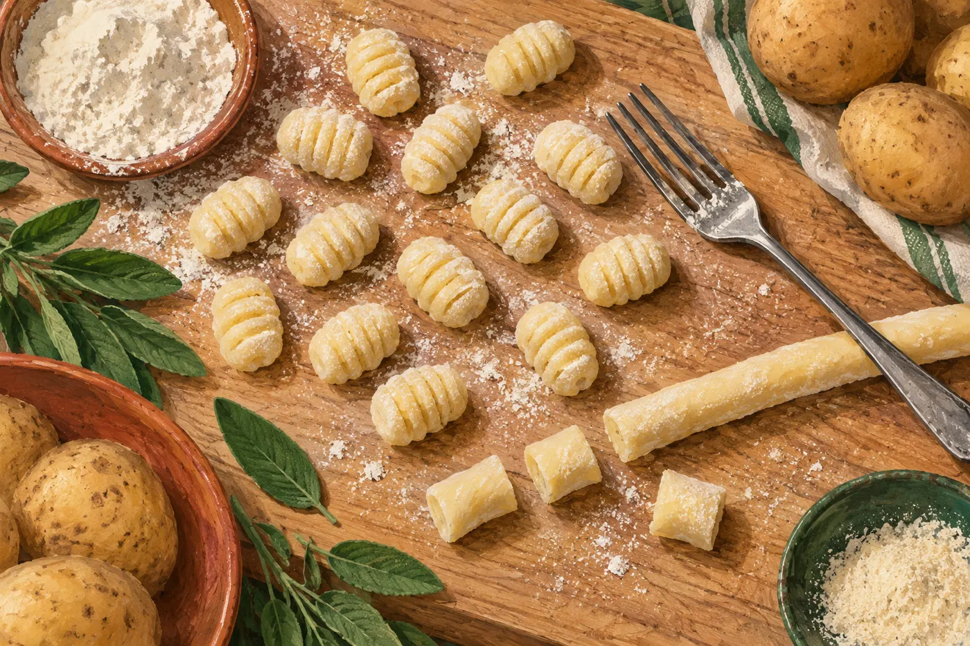 Illustration von gerillten Gnocchi, Kartoffelteig, einer Gabel und Kartoffeln auf einem Holzbrett.