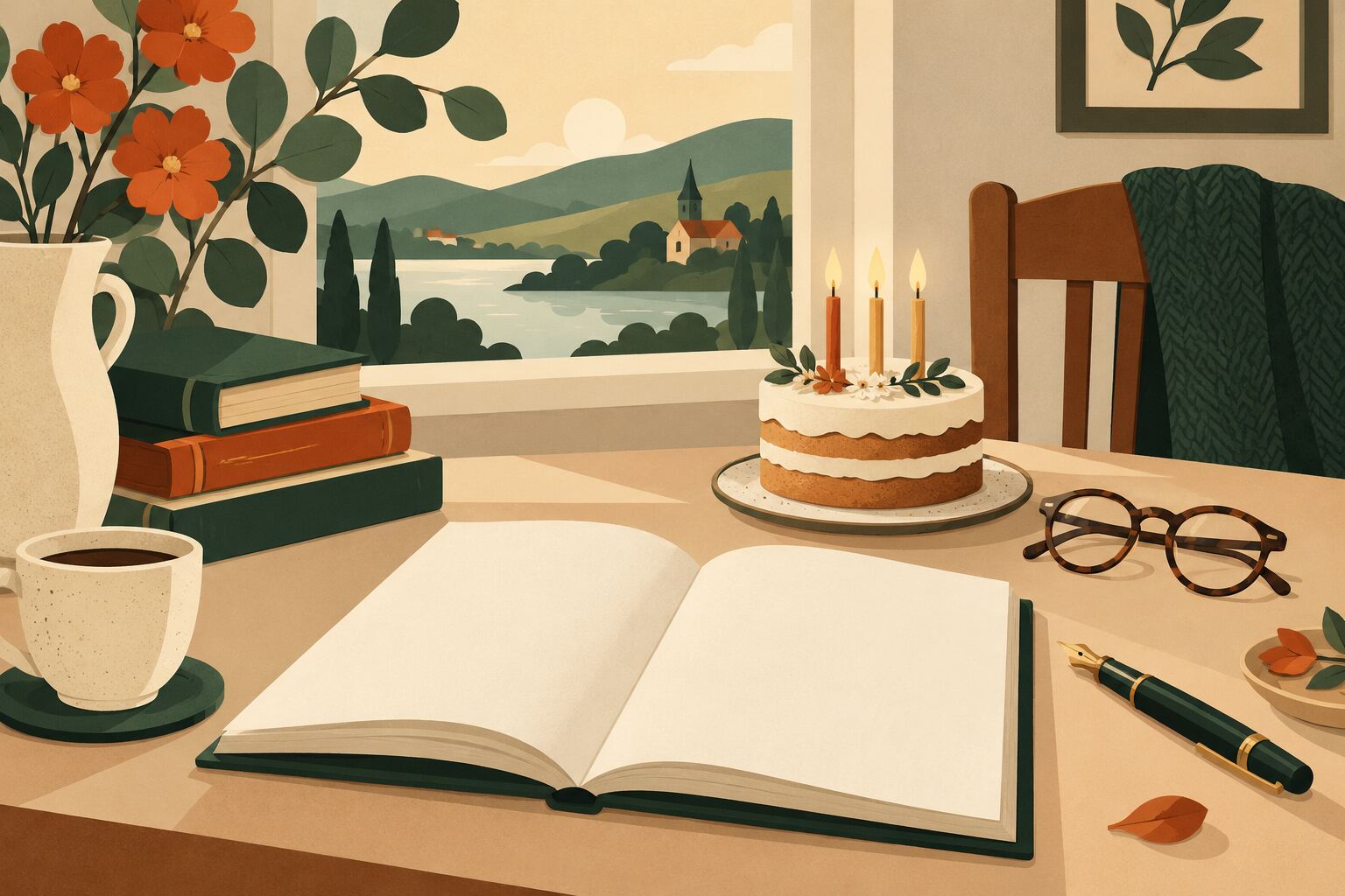 Illustration mit aufgeschlagenem Buch, Lesebrille und Geburtstagskuchen