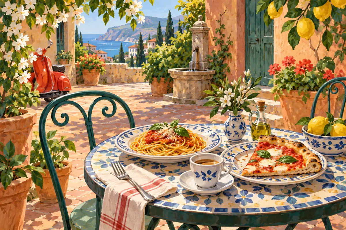 Illustration: Pasta, ein Stück Pizza und Espresso auf einem Tisch in einem sonnigen italienischen Innenhof