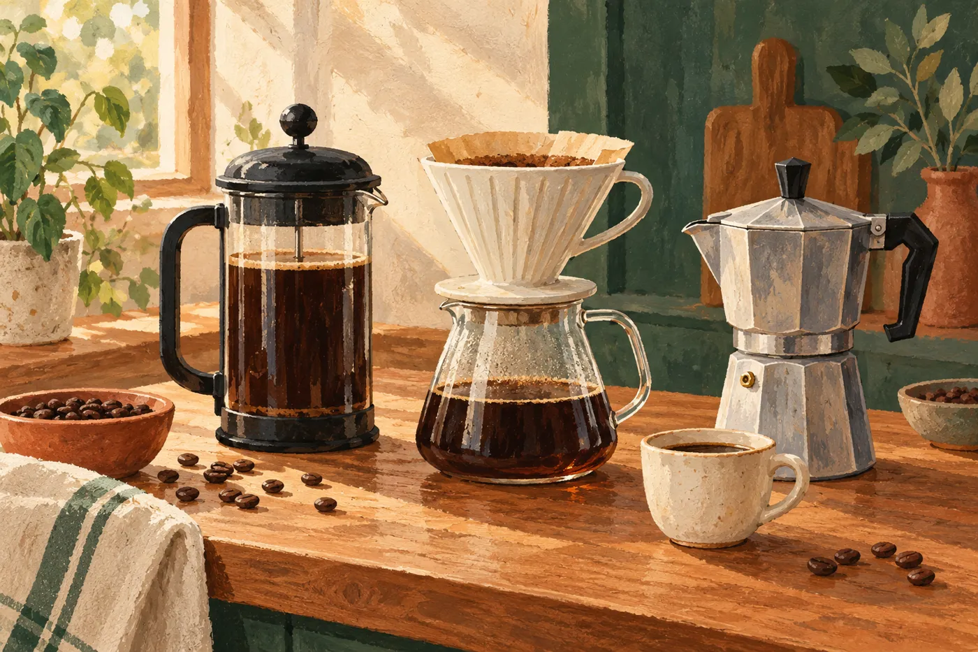 Illustration einer French Press, eines Handfilters und einer Mokkakanne.