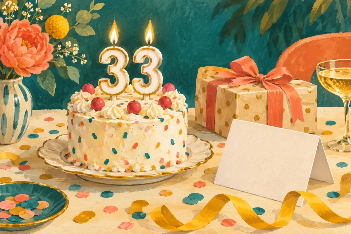 Illustration: Geburtstagstorte mit Zahlenkerzen 33, Geschenk, Konfetti und einer leeren Grußkarte