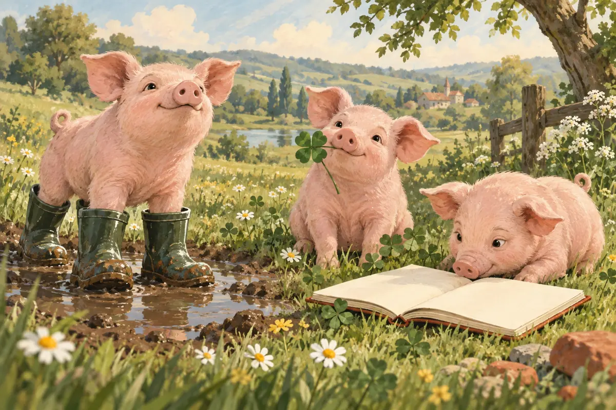 Illustration: Drei Schweinchen mit Gummistiefeln, Kleeblatt und offenem Buch auf einer Wiese