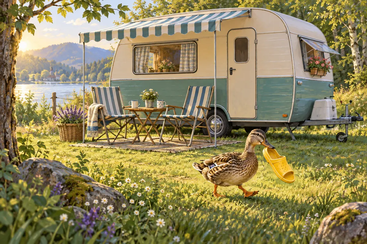 Eine Ente trägt einen gelben Campingschuh vor einem Wohnwagen mit zwei Campingstühlen