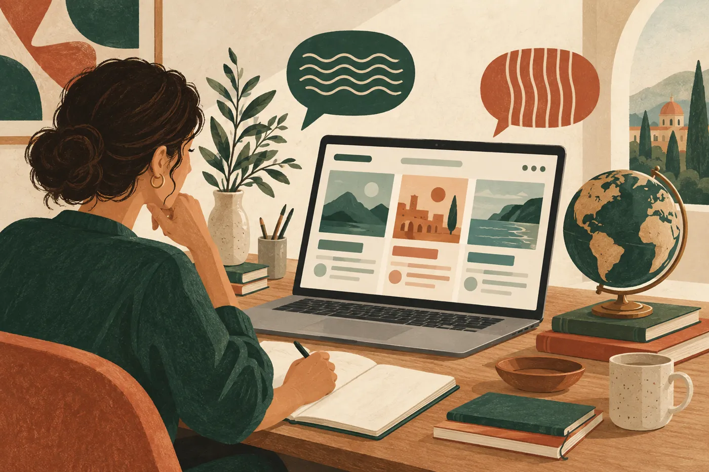 Illustration: Eine Redakteurin prüft eine Website am Laptop, daneben Sprachsymbole und ein Globus.