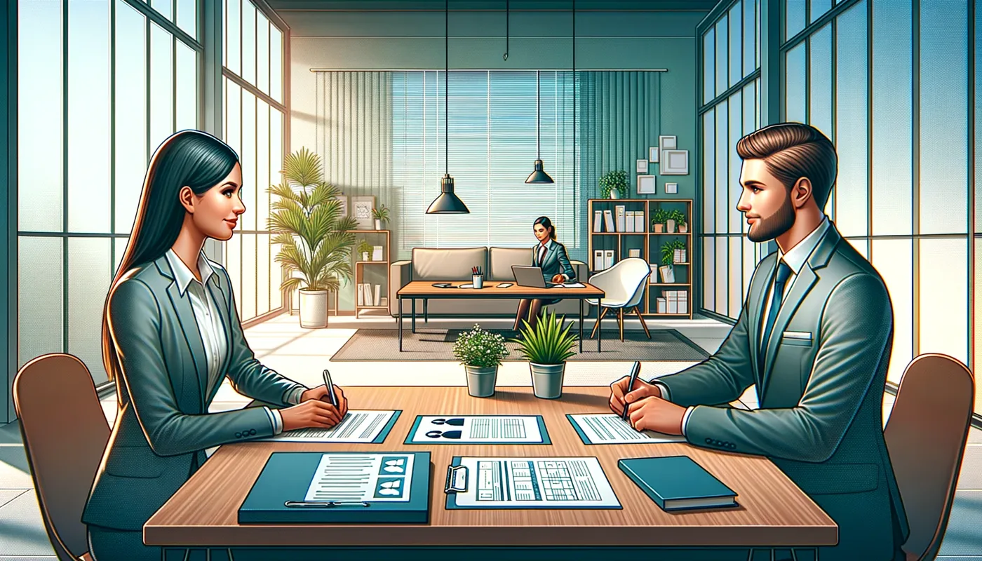 Illustration zweier Personen im Mitarbeitergespräch an einem Besprechungstisch.