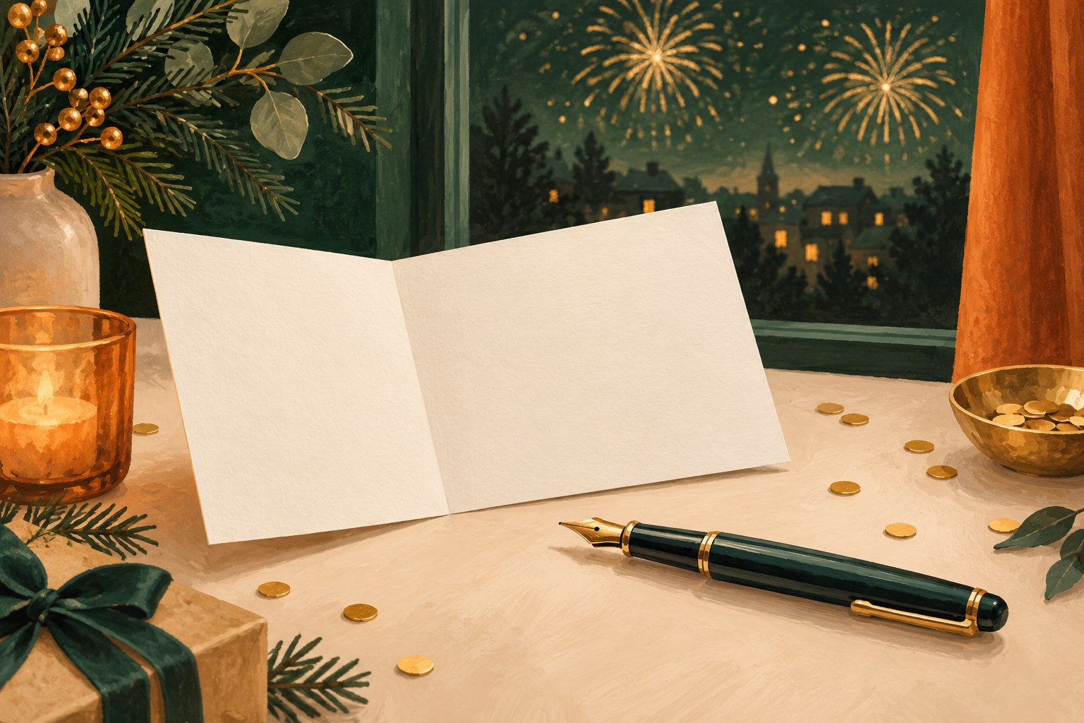 Illustration einer leeren Grußkarte mit Füller und goldenem Feuerwerk