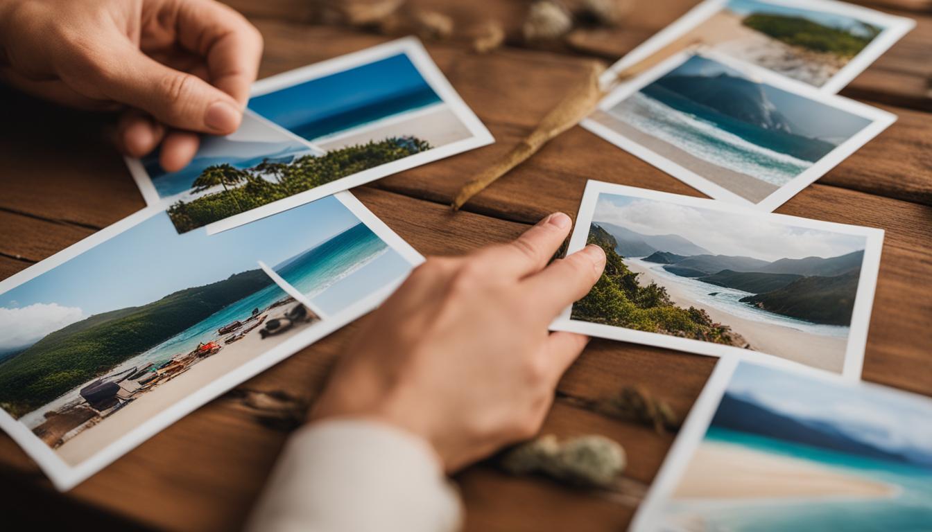Hände sortieren Urlaubsfotos auf einem Holztisch