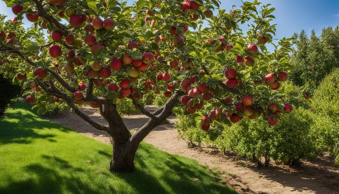 Apfelbaum mit breiter Krone und roten Früchten im Garten.