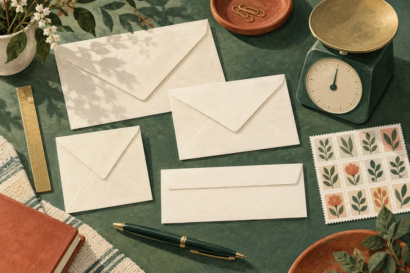Illustration: Briefumschläge in verschiedenen Größen neben einer Waage, einem Lineal und dekorativen Briefmarken.