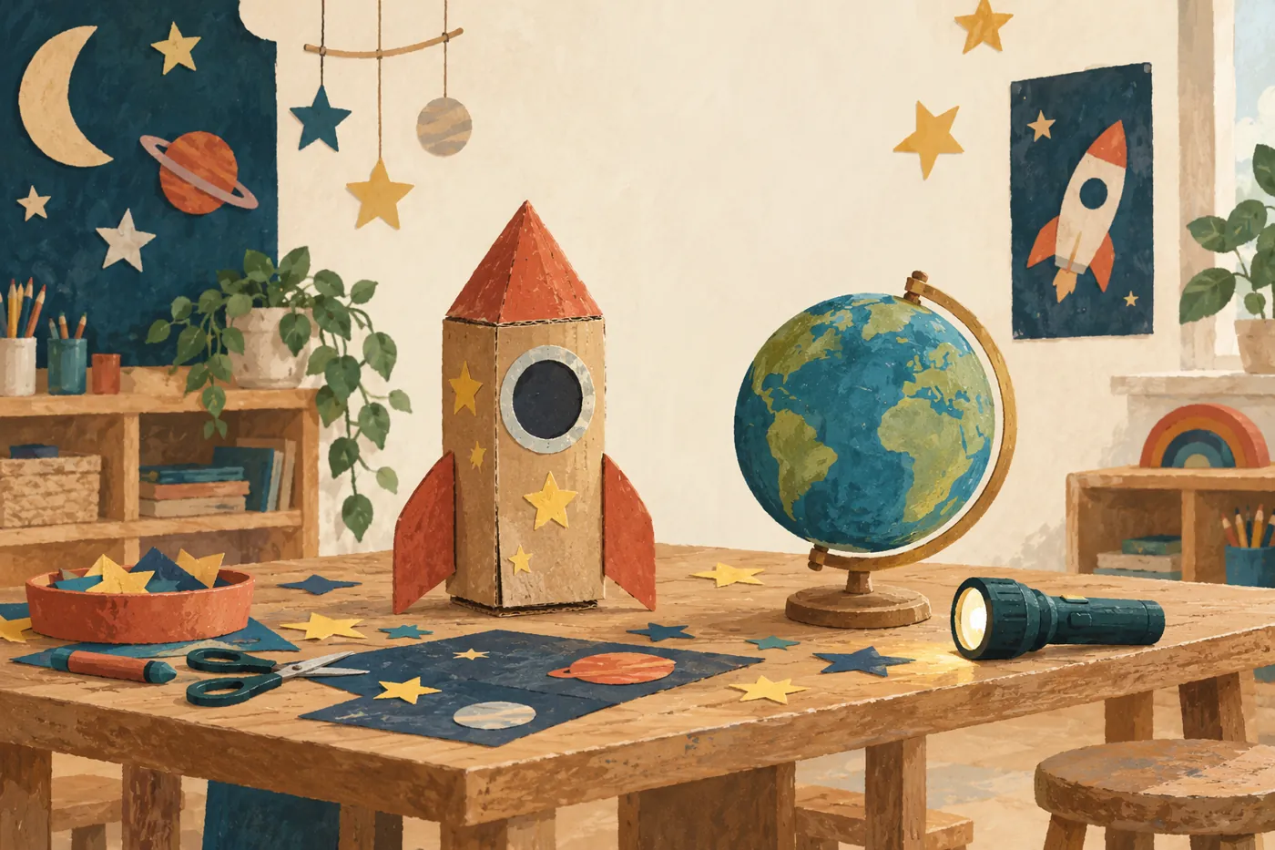 Illustration einer Papprakete, eines Globus und einer Taschenlampe auf einem Basteltisch.