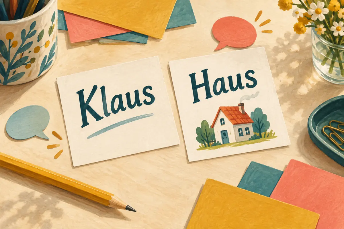 Illustration: Zwei Karten mit den Reimwörtern Klaus und Haus neben einem Bleistift und buntem Papier