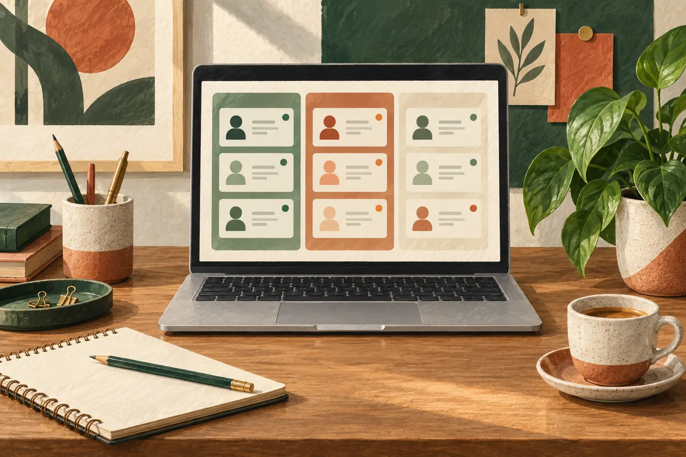 Illustration eines Laptops mit symbolischen Kundenkarten auf einem Schreibtisch.