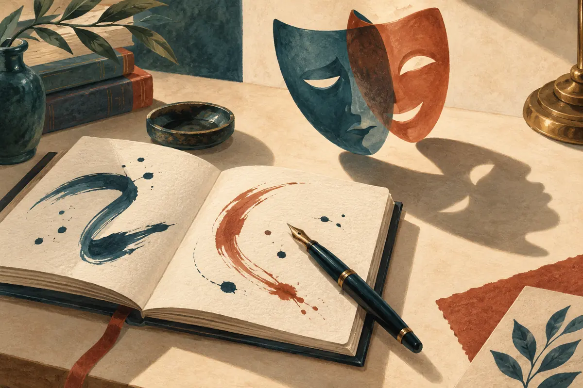 Illustration: Zwei überlagerte Theatermasken neben einem offenen Buch und einem Füller