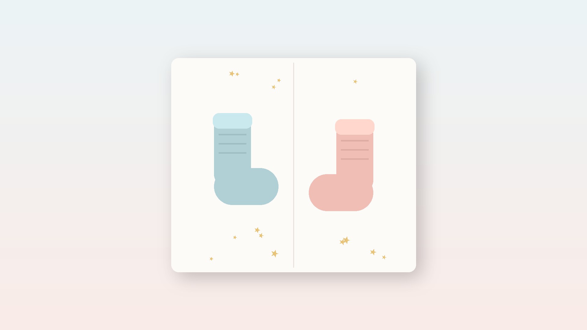 Illustration: aufgeklappte Karte mit zwei Babysöckchen und kleinen Sternen